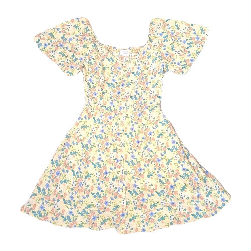 Sienna Sky Floral Dress Womens Small Yellow Mini Short Sleeve Sun Dress Tiered